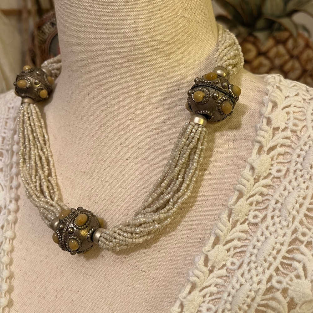 Ivory Seed Bead Necklace with Silver and Gold Tones Bohemian Style
